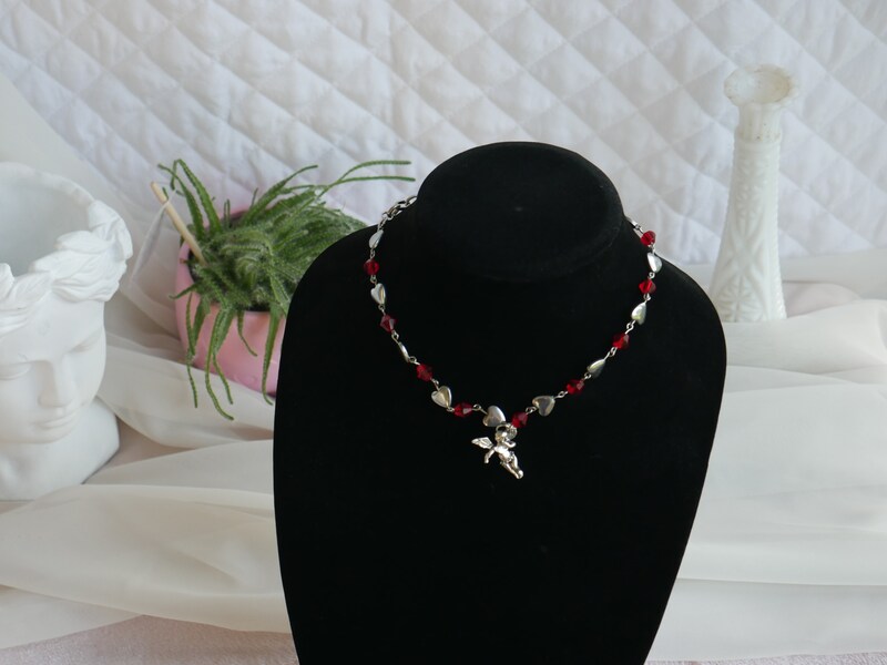 Heart Cherub Necklace with Red Beads Grunge